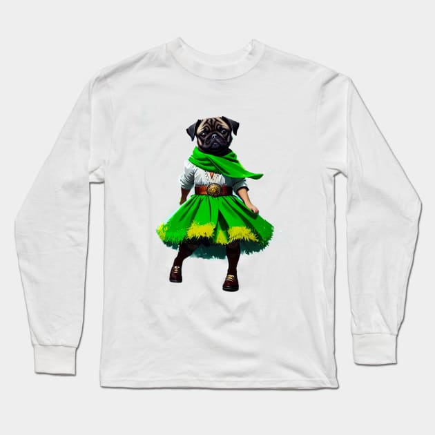 Cheerful Pug in Green Tracht Doing a Traditional Alpine Dance Long Sleeve T-Shirt by fur-niche